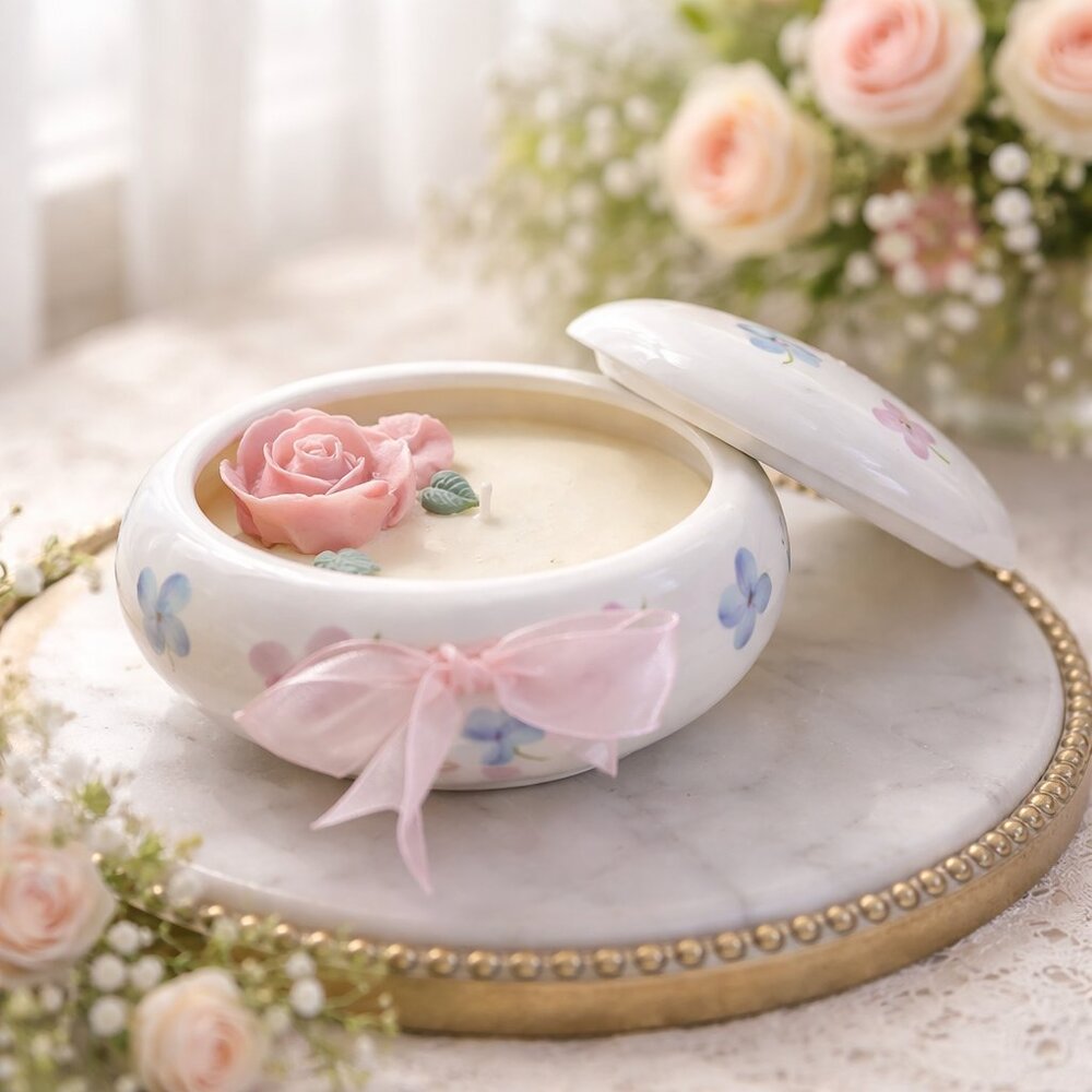 Vintage Trinket Floral Candle Box with‎ Pink Bow & Roses Light Gardenia Scent